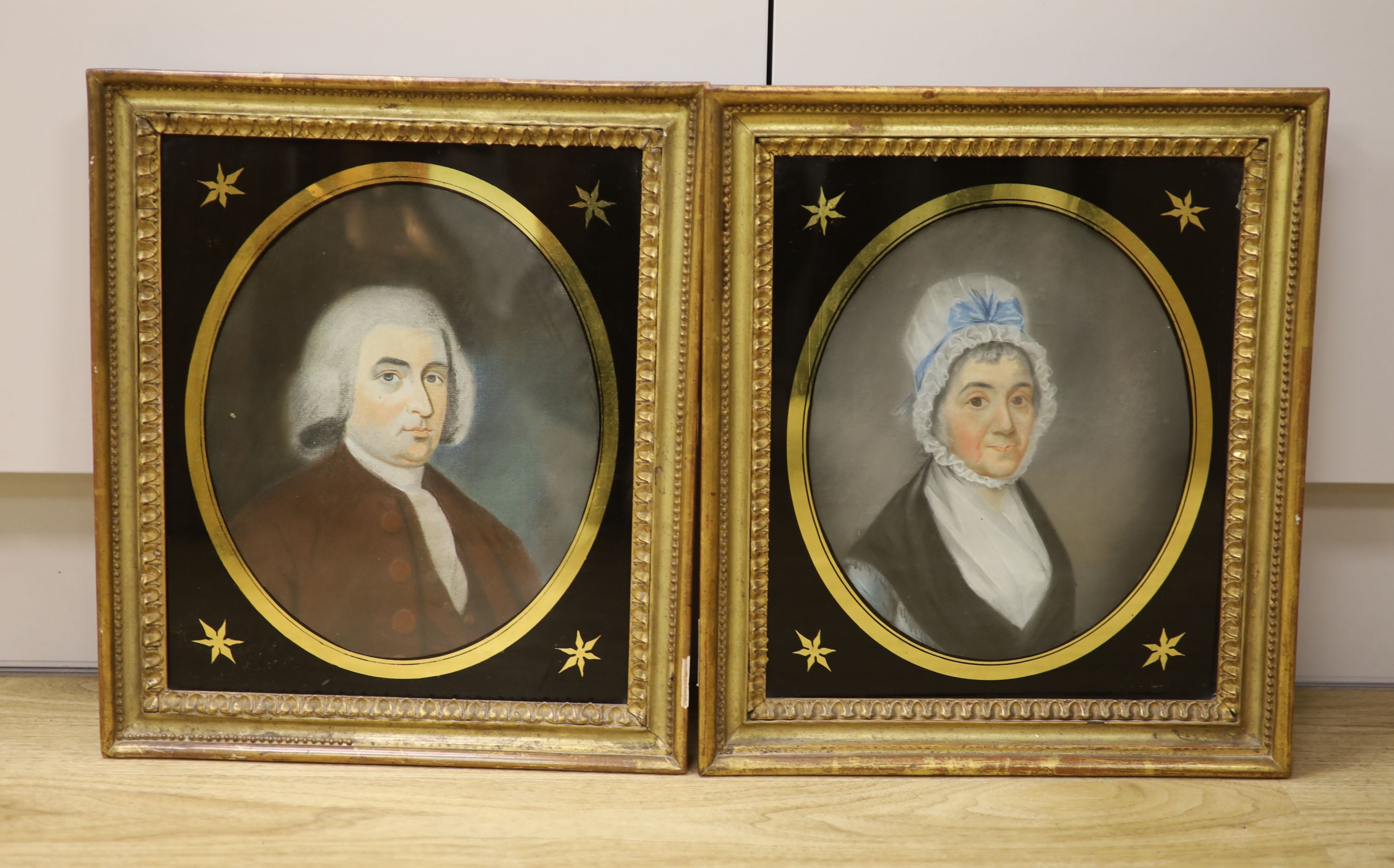 English School, c.1800, pair of pastels, Portraits of John Burges and his wife Martha Ford and (1727/8-1809), 27 x 22cm